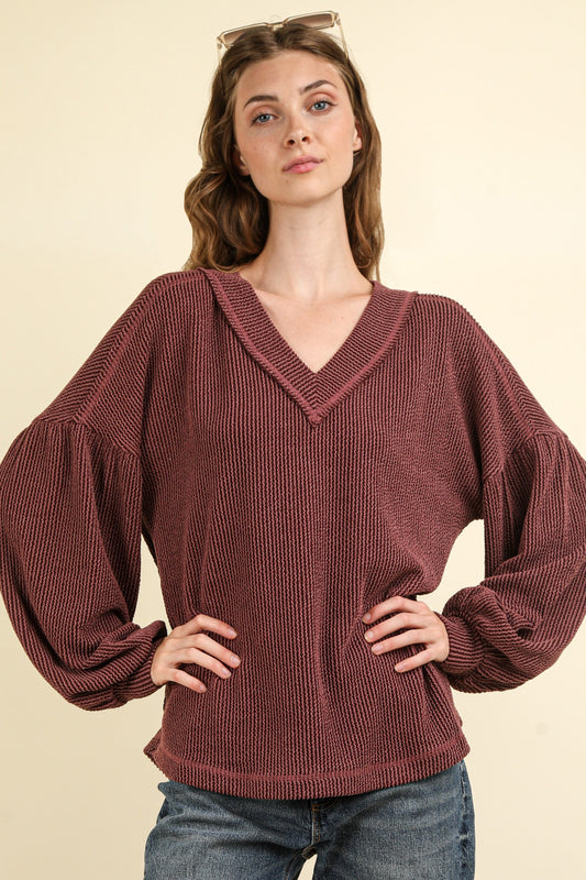 Two Tone Otto Ribbed V-Neck Oversized Knit Top