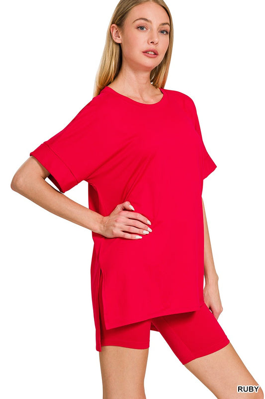 Brushed Dty Microfiber R-neck Top & Biker Shorts RUBY