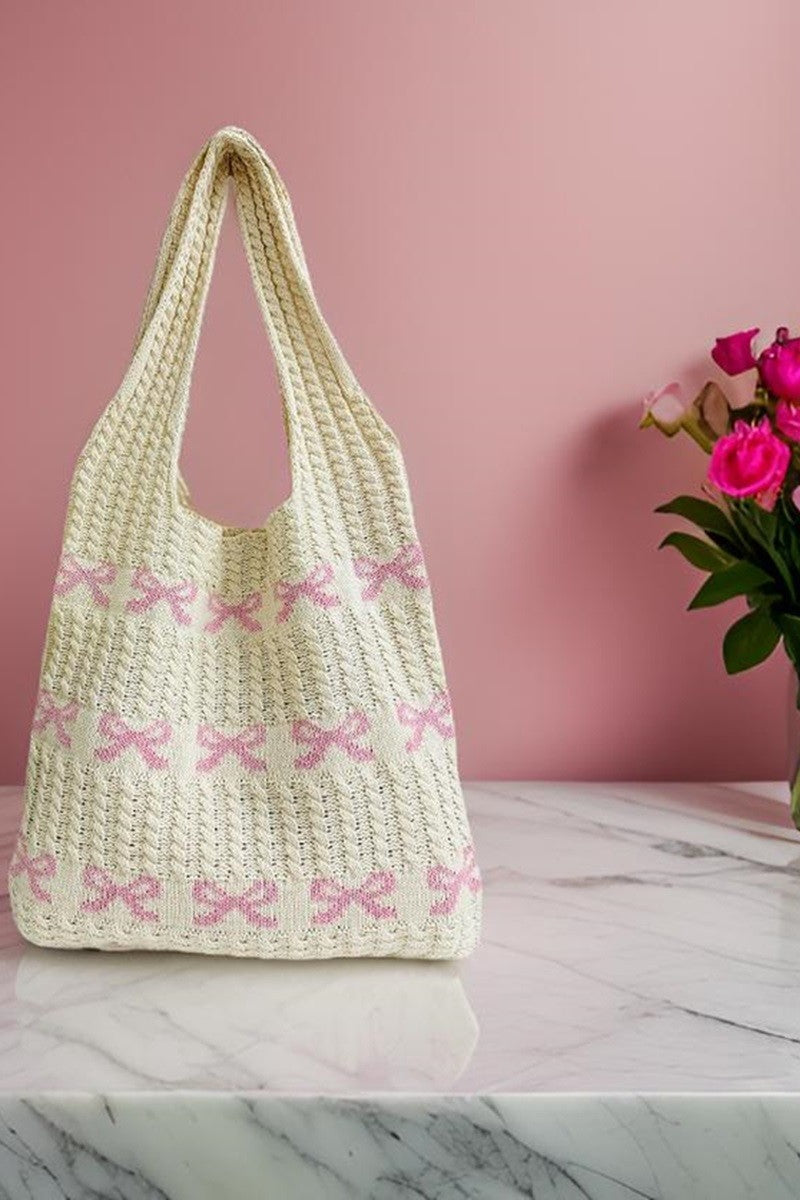 RIBBON BOW PATTERN KNITTED WOVEN CROCHET TOTE BAG