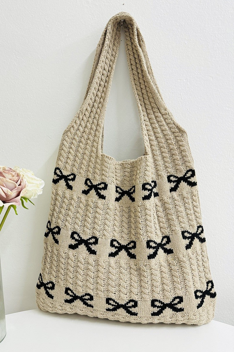 RIBBON BOW PATTERN KNITTED WOVEN CROCHET TOTE BAG