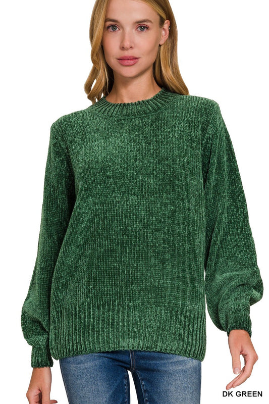 Round Neck Balloon Sleeve Chenille Sweater TW-3419A