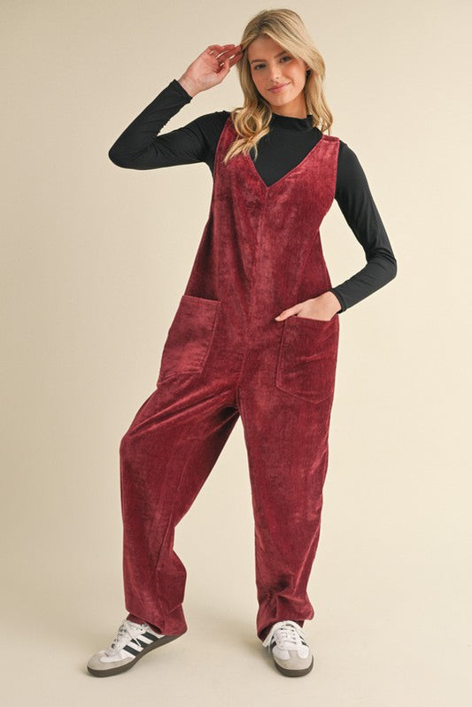 Velvet Baggy V-neck  BURGUNDY JUMPSUIT