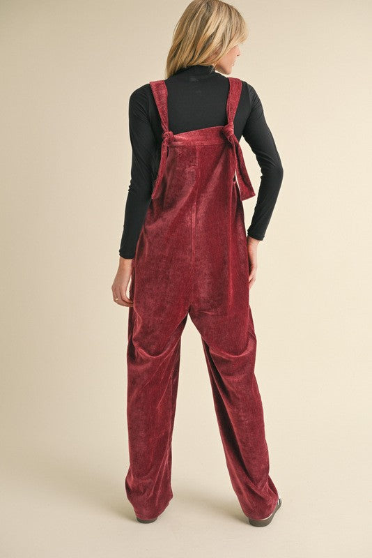 Velvet Baggy V-neck  BURGUNDY JUMPSUIT