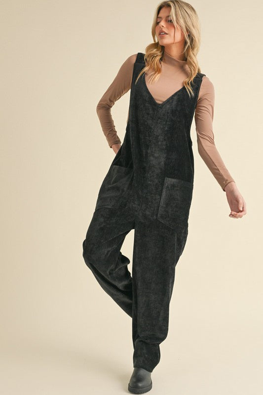 Velvet Baggy V-neck Jumpsuit