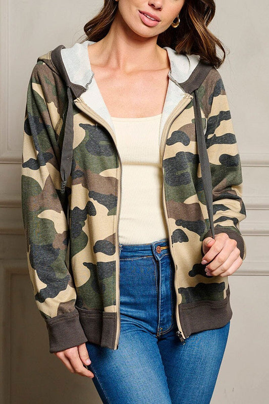 OUT BACK CAMO PRINT ZIP UP CONTRAST DETAIL HOODIE JACKET