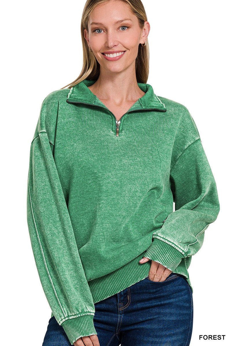 Acid Wash Fleece Half Zip Pullover FOREST GREEN