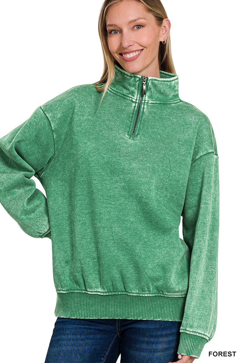 Acid Wash Fleece Half Zip Pullover FOREST GREEN