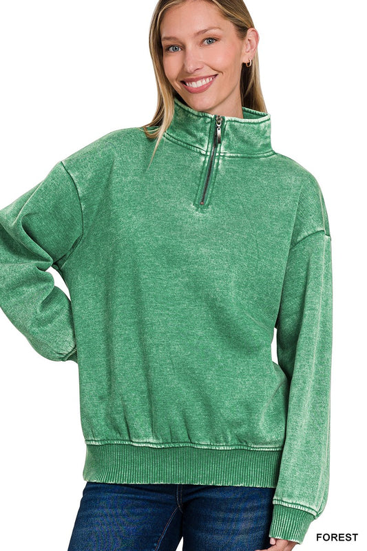 Acid Wash Fleece Half Zip Pullover FOREST GREEN