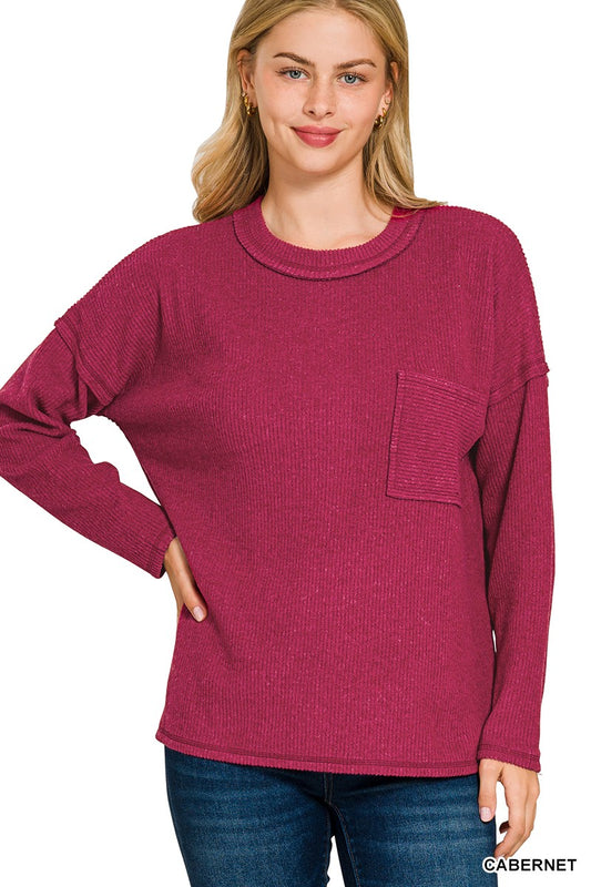 Ribbed Brushed Melange Hacci Sweater With A Pocket