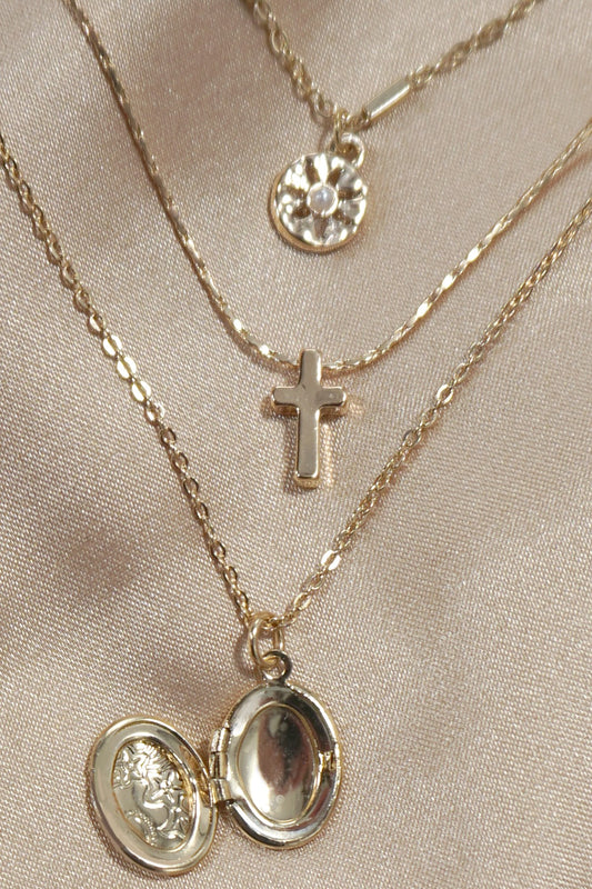 MULTI LAYER LOCKET CROSS CHARM NECKLACE