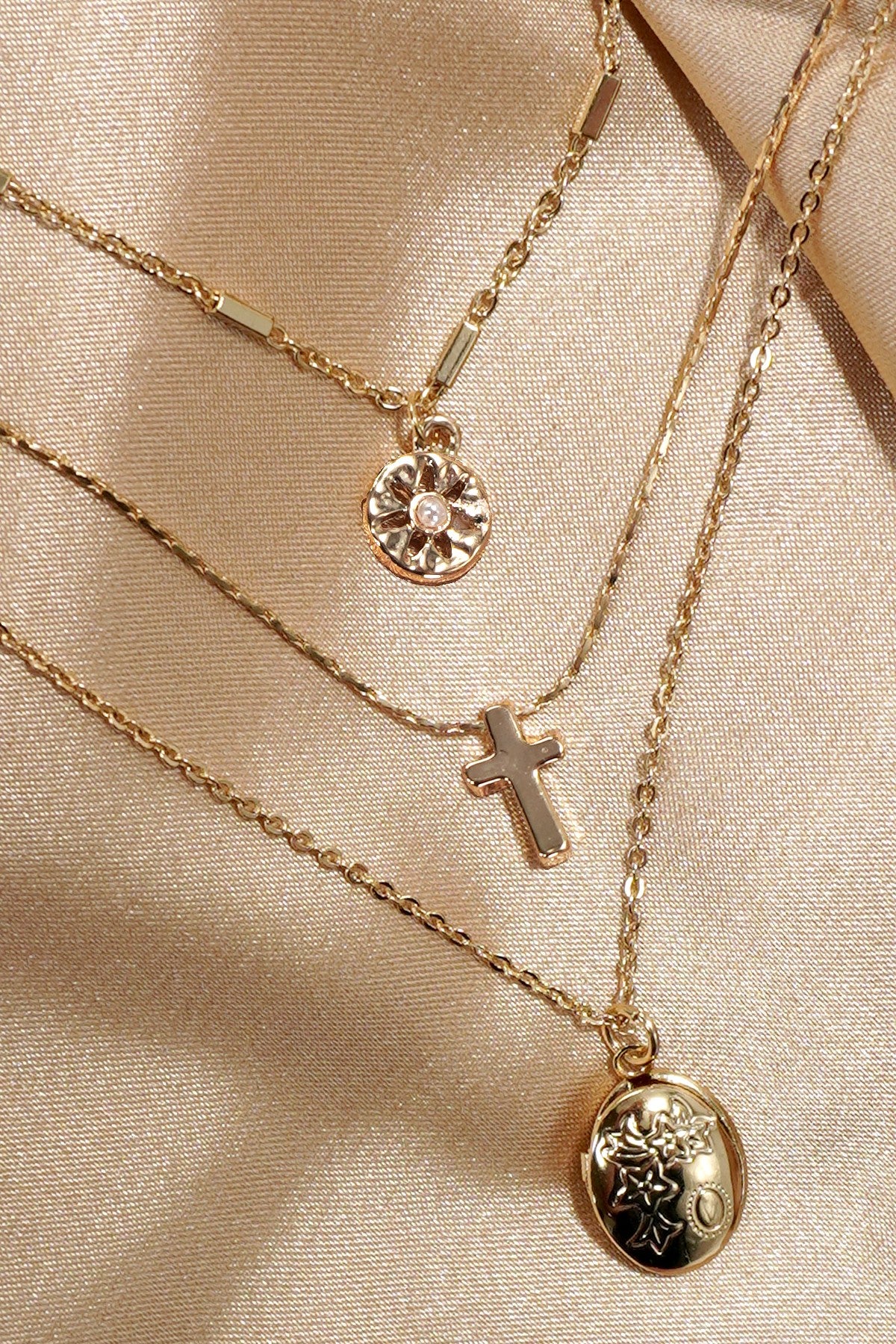 MULTI LAYER LOCKET CROSS CHARM NECKLACE