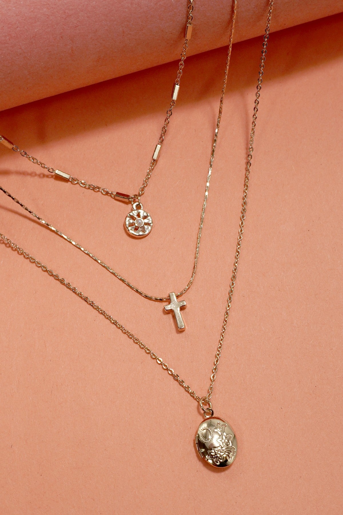 MULTI LAYER LOCKET CROSS CHARM NECKLACE