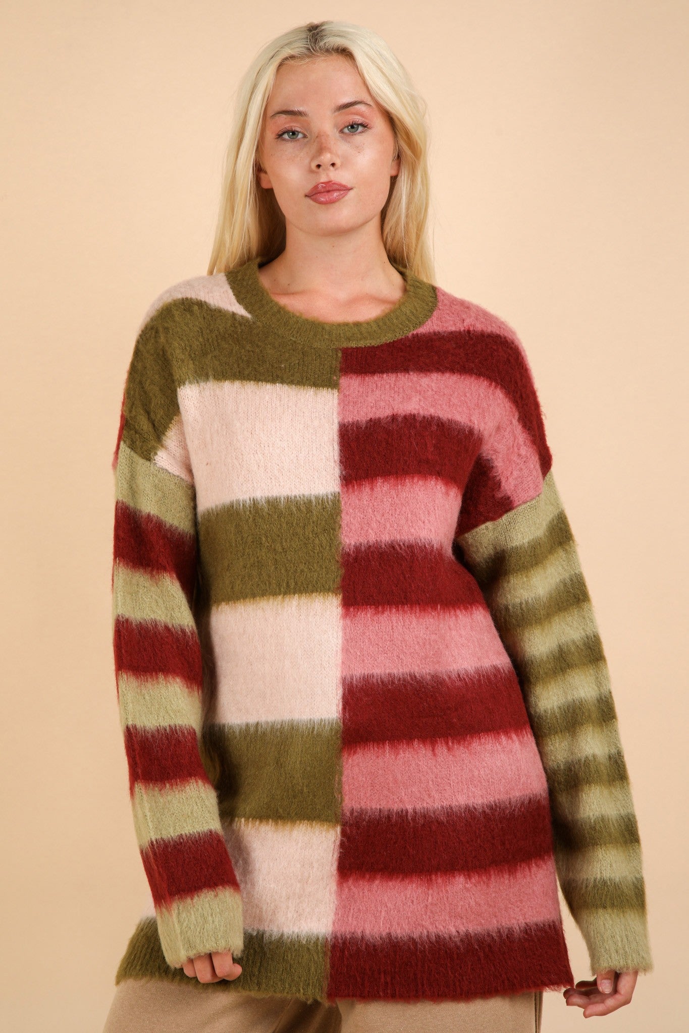 Oversized Striped Fuzzy Knit Sweater Top