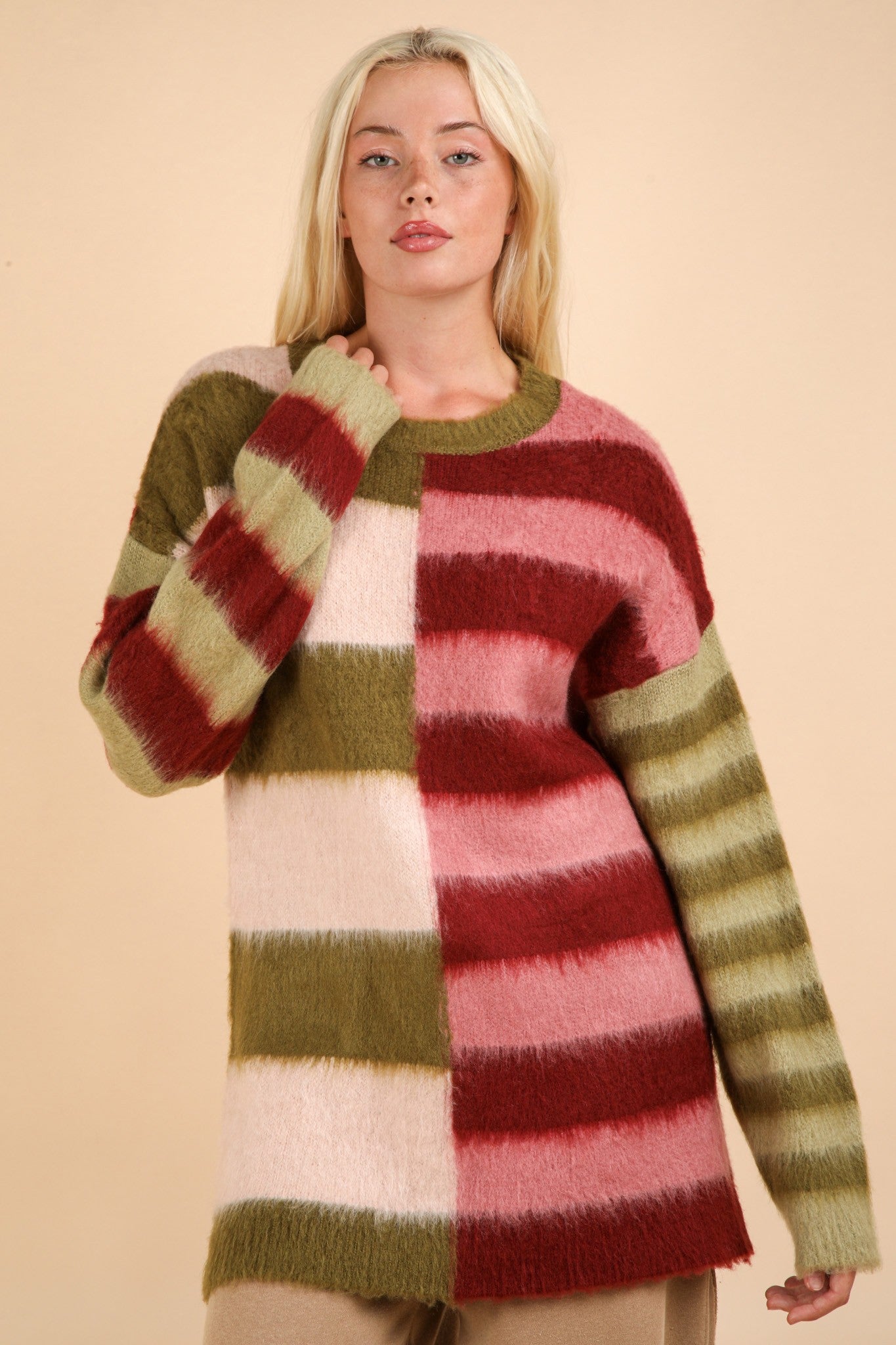 Oversized Striped Fuzzy Knit Sweater Top