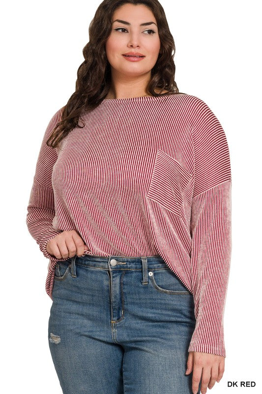Plus Ribbed Striped Oversized Long Sleeve Top