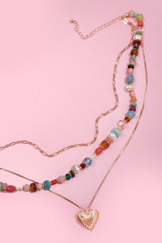 Multi Layered Beaded Heart Charm Necklace