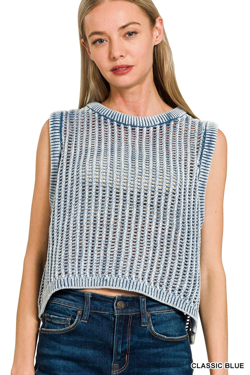 Acid Washed Fishnet Sweater Vest CLASSIC BLUE