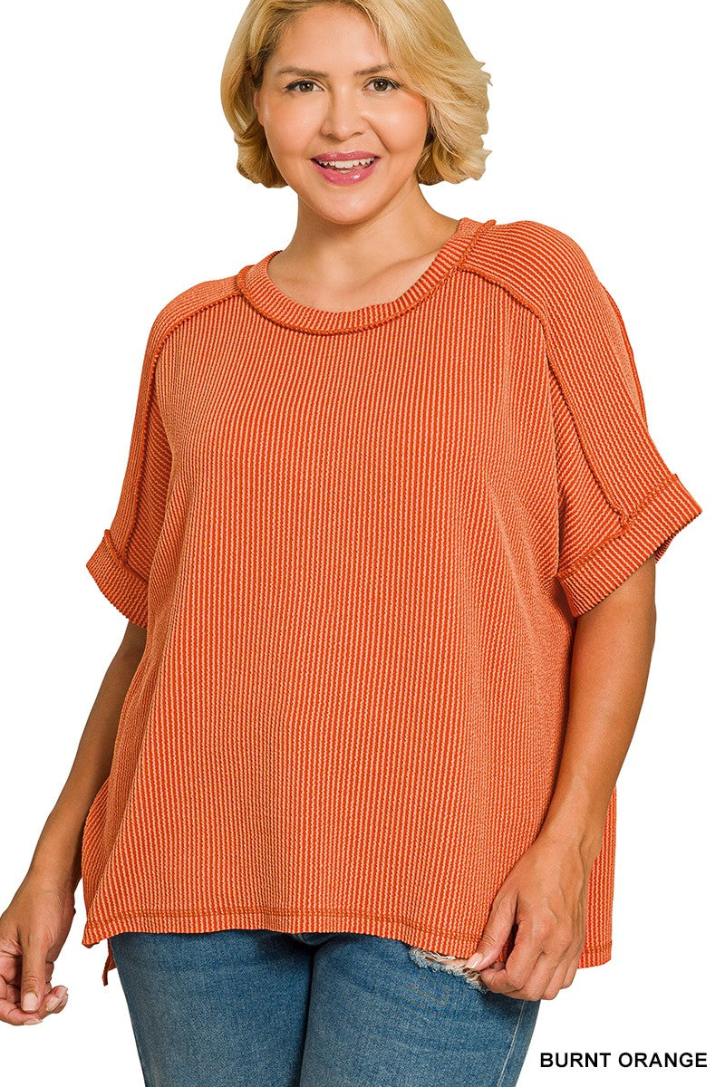 Plus Raised Rib Cuff Sleeve Raw Edge Top