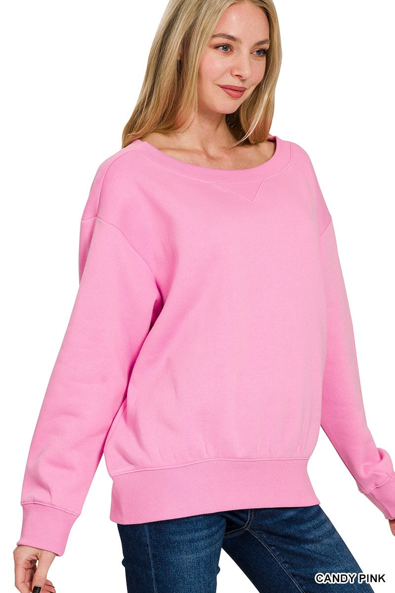 CANDY PINK FLEECE BOAT NECK SWEATSHIRTS