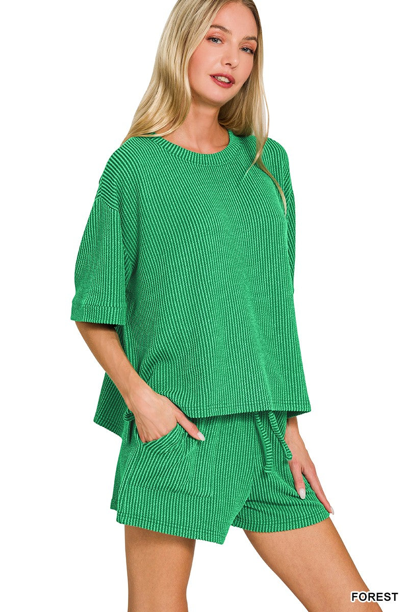FOREST GREEN Raised Rib Short Sleeve Tee & Short Pants Set