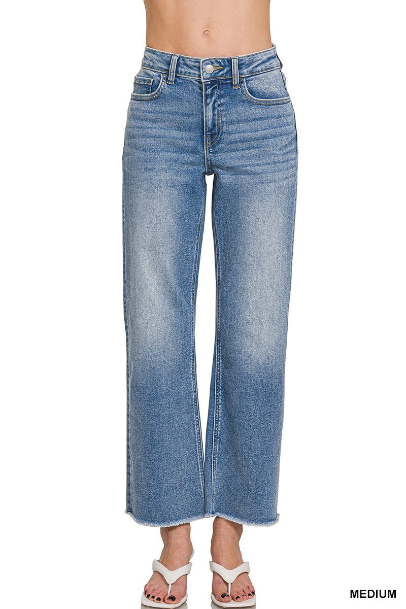 HIGH WAIST STRAIGHT LEG MEDIUM WASH DENIM PANTS