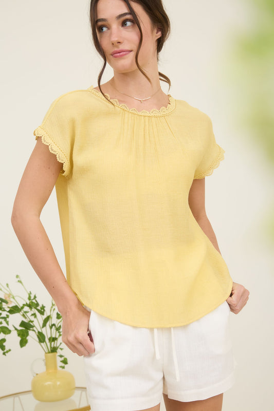 Lace Trim Back Bow Detail Short Sleeve Blouse