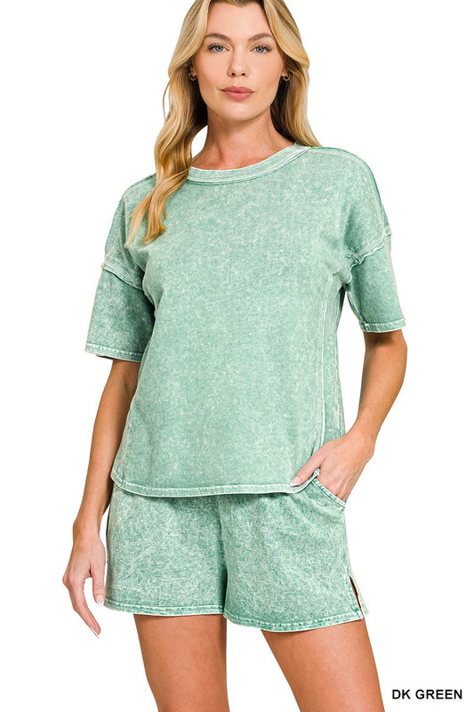 Halo Snow Washed Short Sleeve Tee & Shorts Set DARK GREE