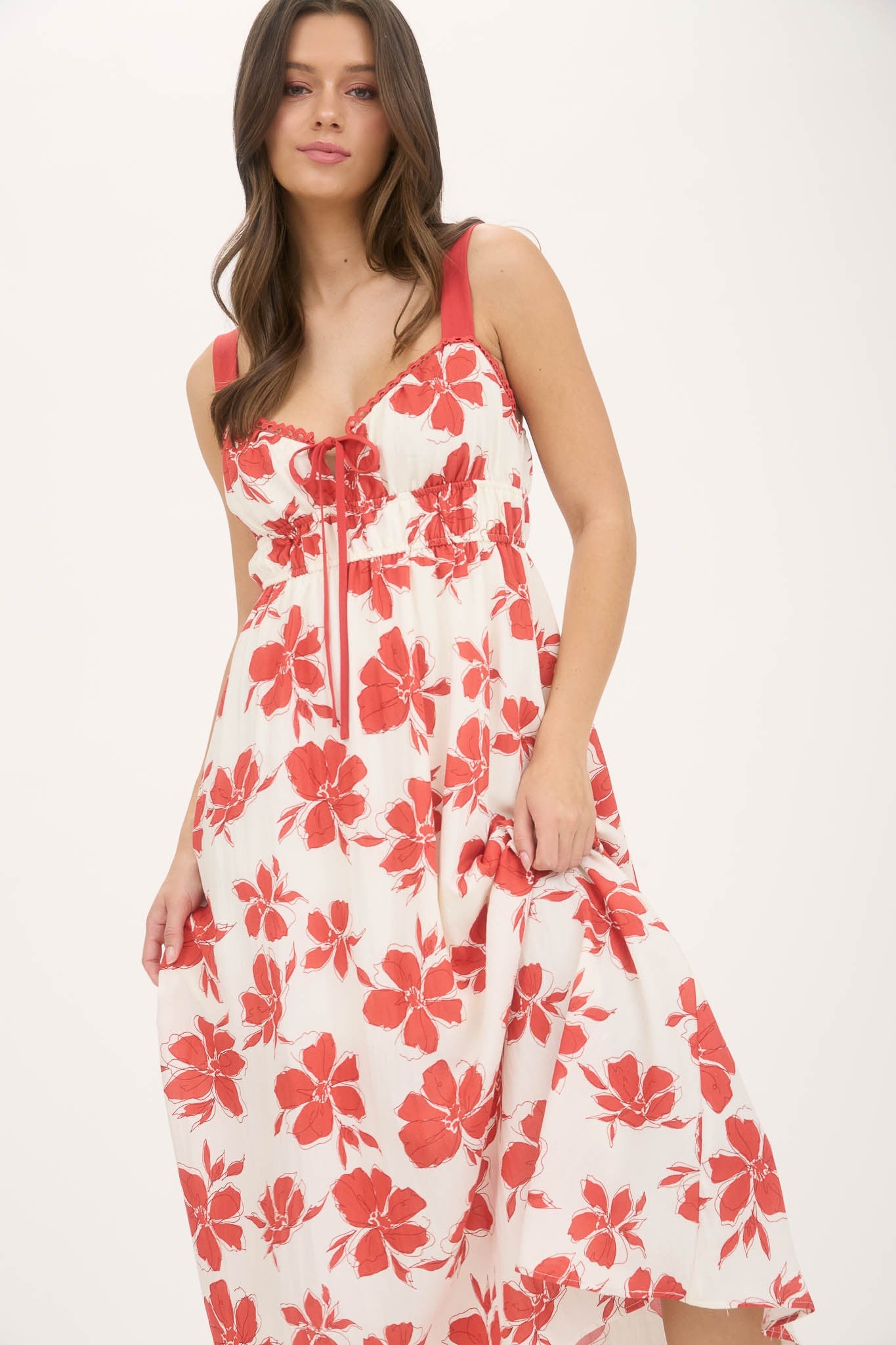 Floral Sweetheart Front Tie With Cutout Midi Dress