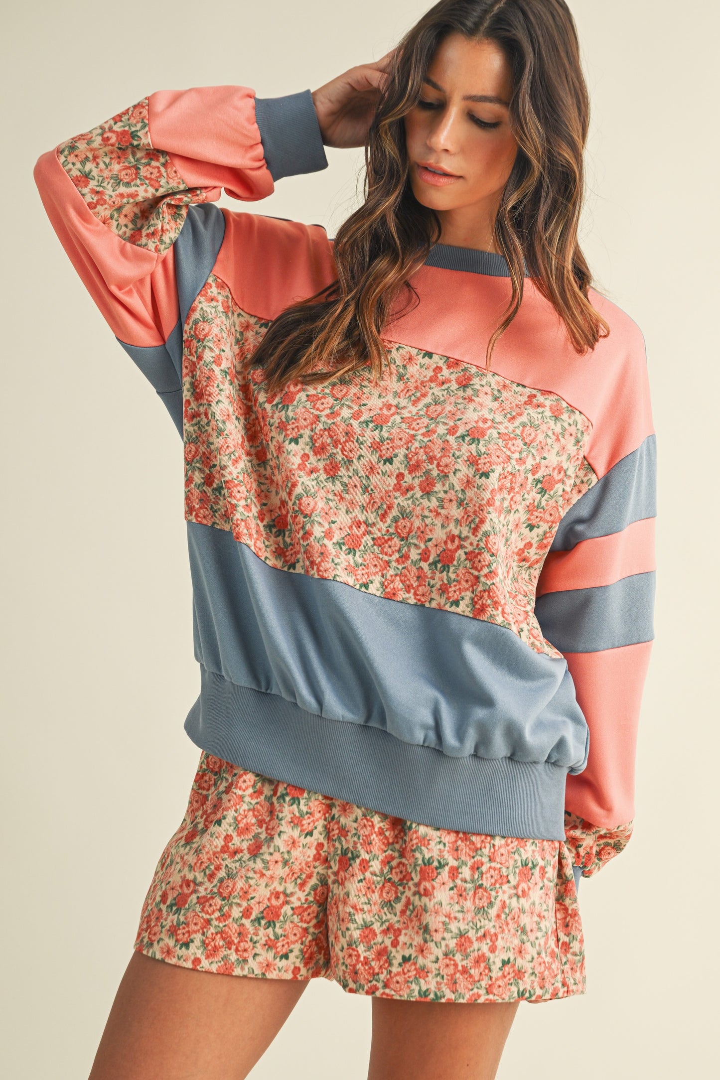 Floral Panel Contrasted Color Block Sweatshirt