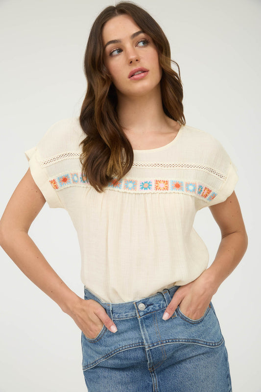 Crochet Floral Detail Lace Trim Short Sleeve Top