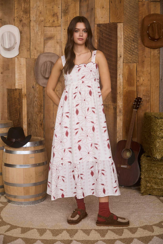 Floral Embroidery Detail Scallop Trim Midi Dress