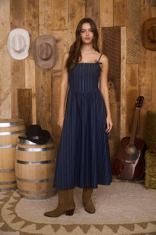 Stripe Front Hook Corset Denim Midi Dress
