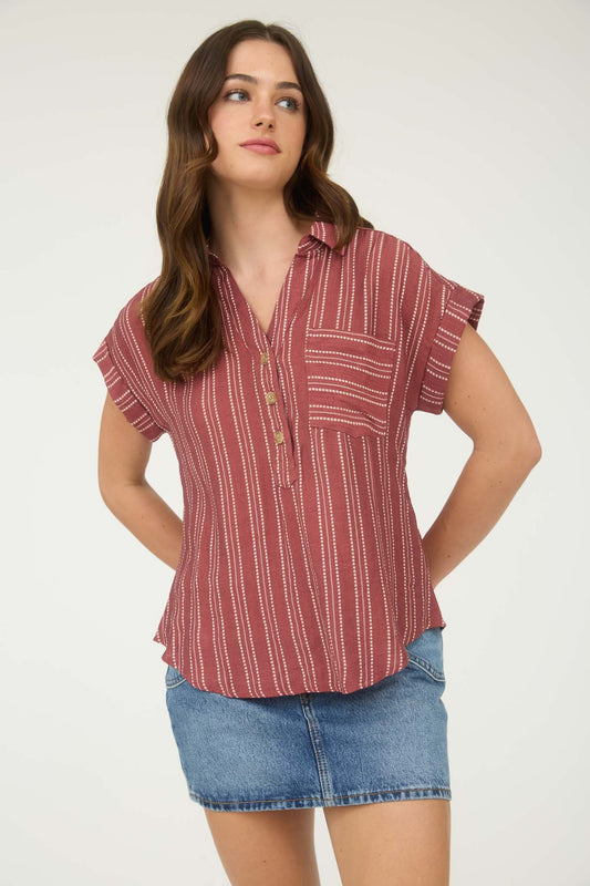 Stripe Half Button Collared Short Sleeve Shirt