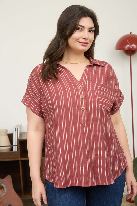 Plus Stripe Half Button Collared Short Sleeve Top