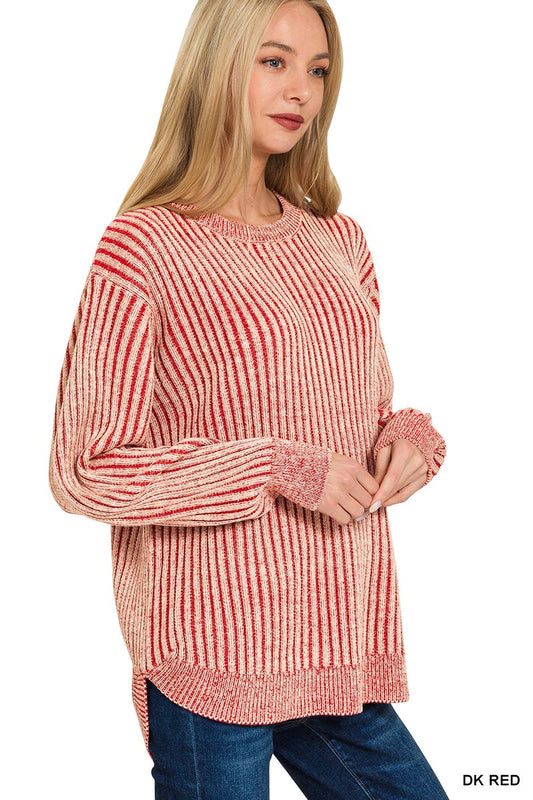 DARK RED Curved Hem Two-tone Sweater