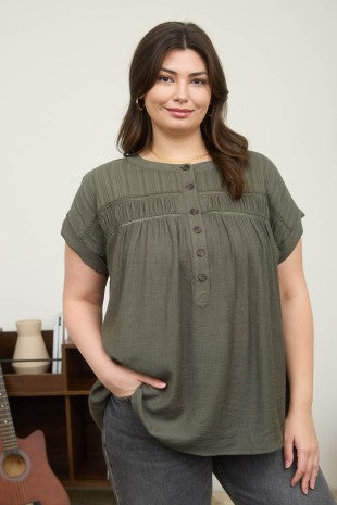 OLIVE Plus Eyelet Trim Half Button Short Sleeve Top