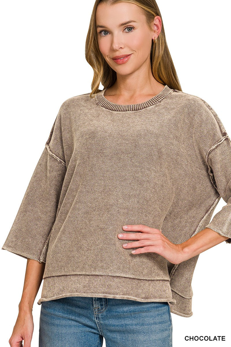 Washed 3/4 Sleeve Boxy Sweater Chocolate
