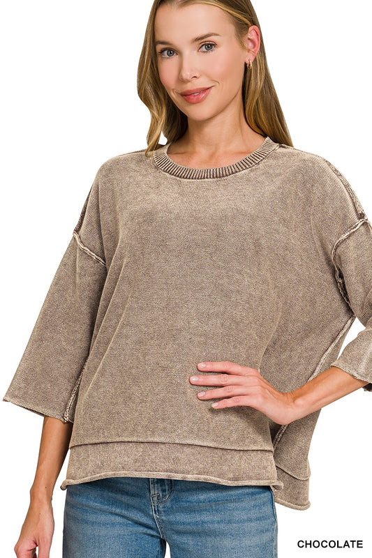 Washed 3/4 Sleeve Boxy Sweater Chocolate