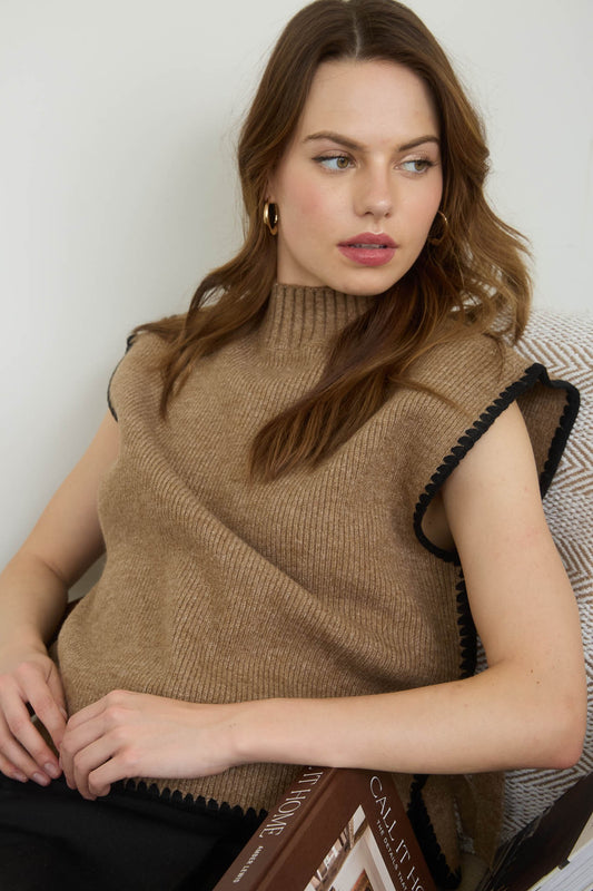 Mock Neck Contrast Stitch Side Tie Sweater Top