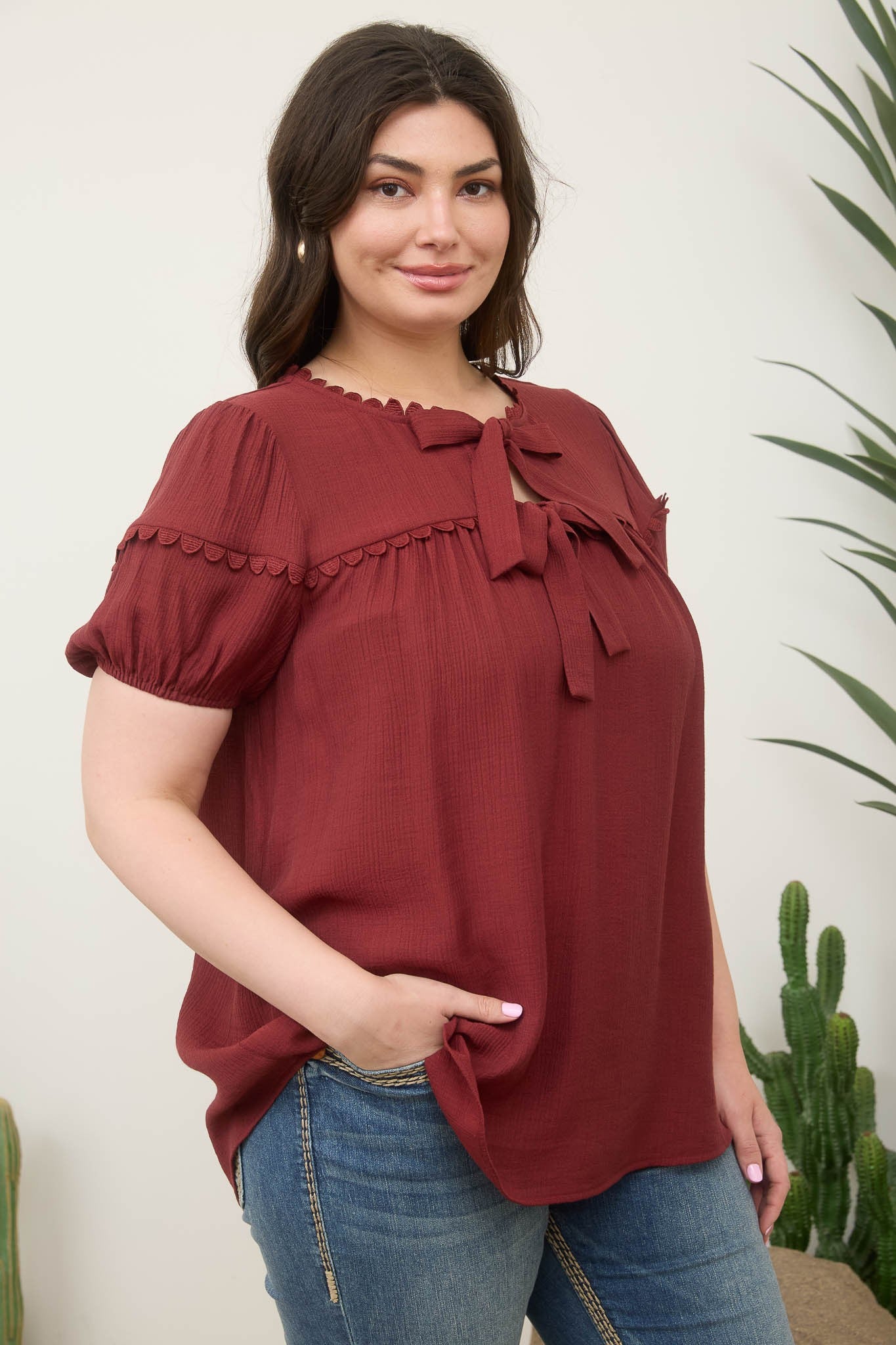 Plus Scallop Trim Front Tie Detail Puff Sleeve Top