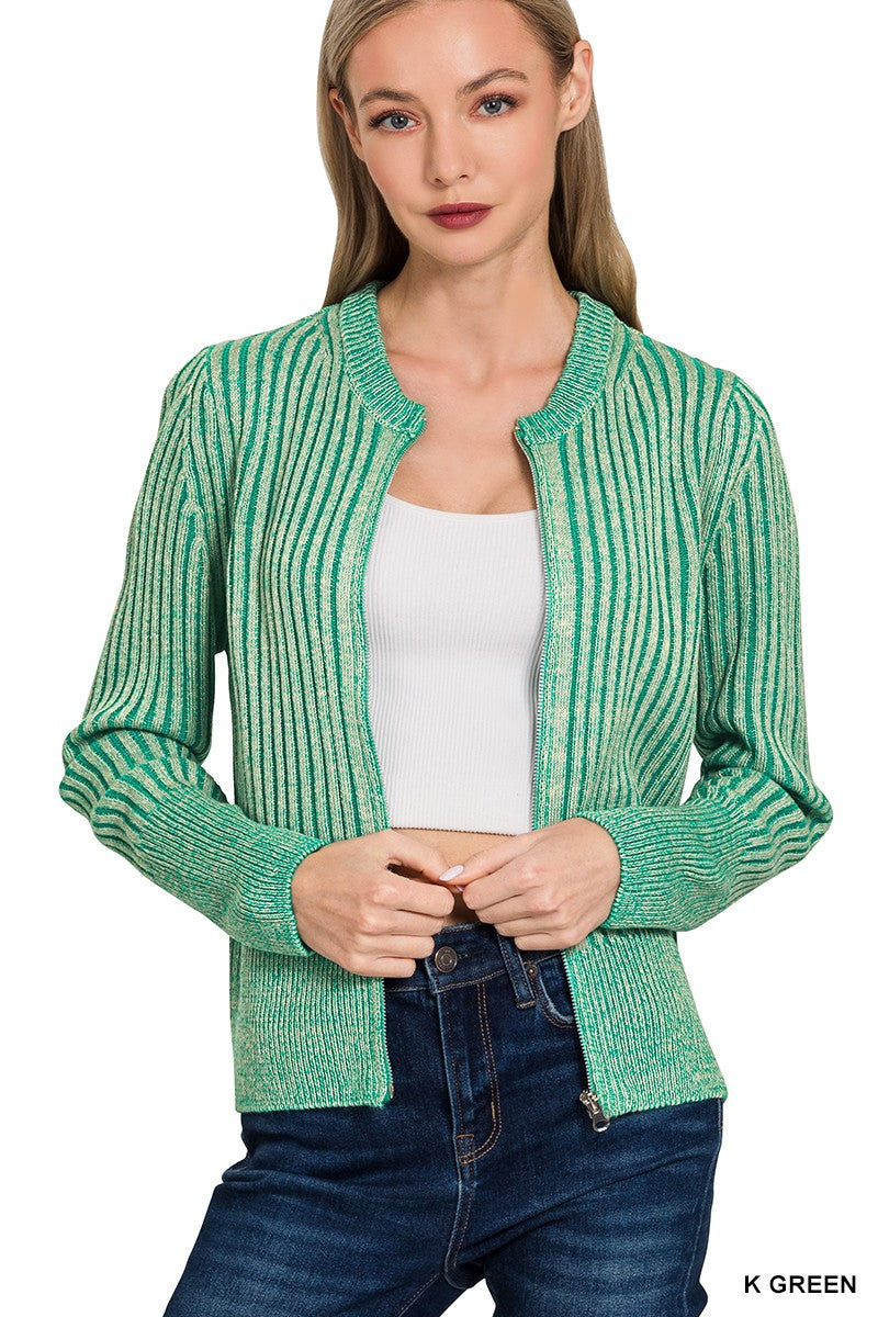 KELLY GREEN Two Tone Zip Up Sweater