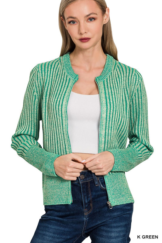 KELLY GREEN Two Tone Zip Up Sweater