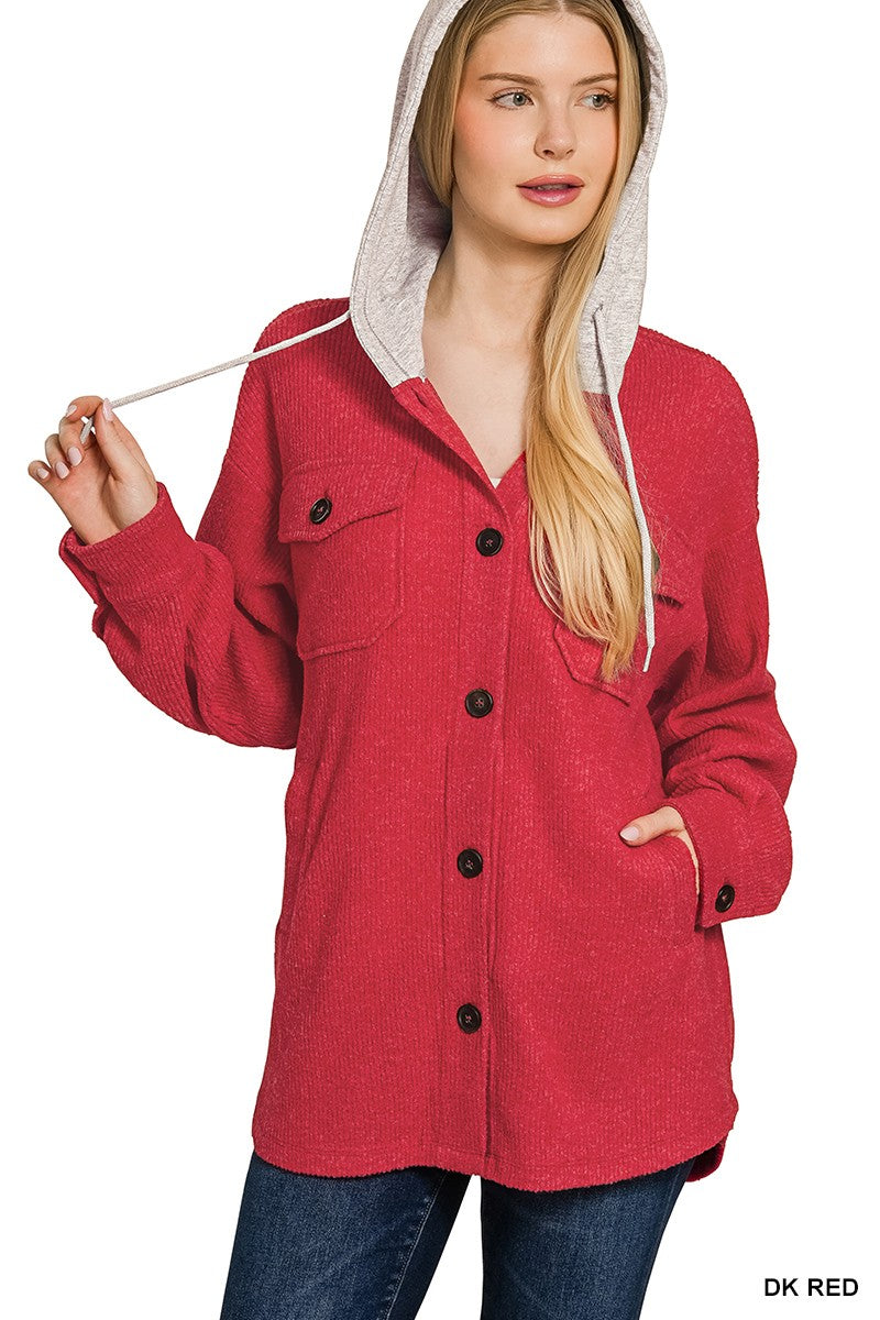 Brushed Rib Hooded Button Down Shacket
