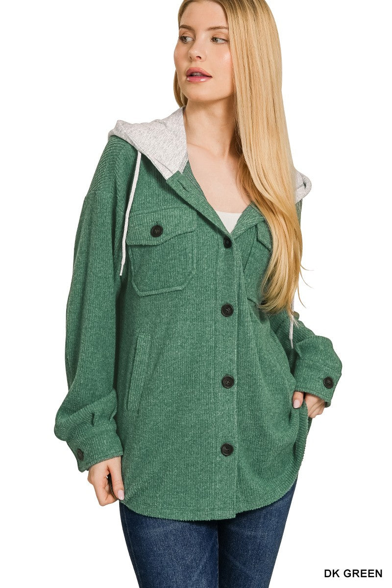 Brushed Rib Hooded Button Down Shacket