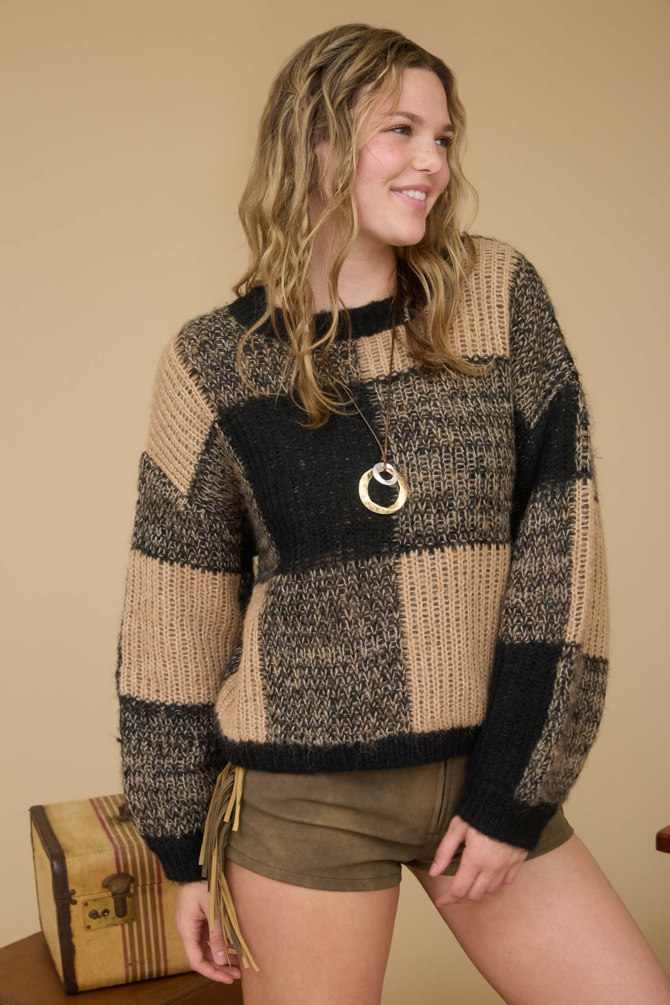 Plaid Knit Pattern Crewneck Pullover Sweater