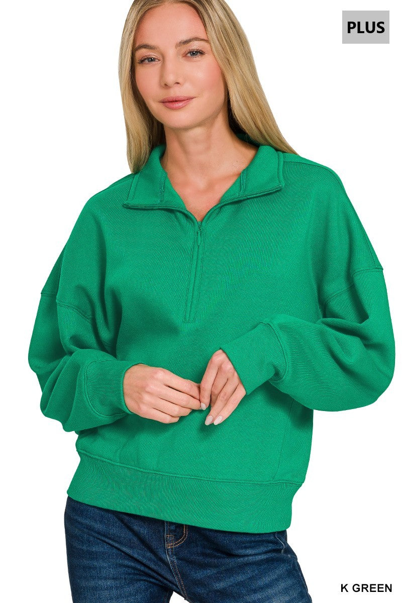Plus Fleece High Neck Half Zip Sweatshirts KELLY GREEN