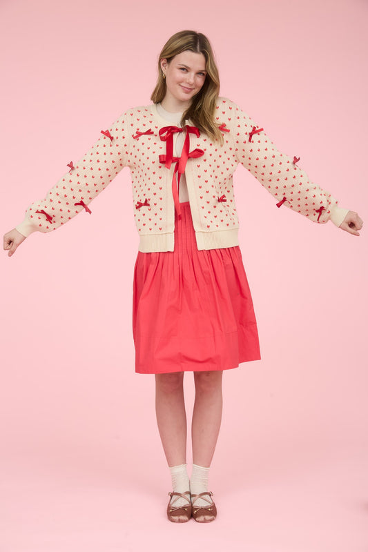 Heart Pattern Bow Detail Front Tie Knit Cardigan