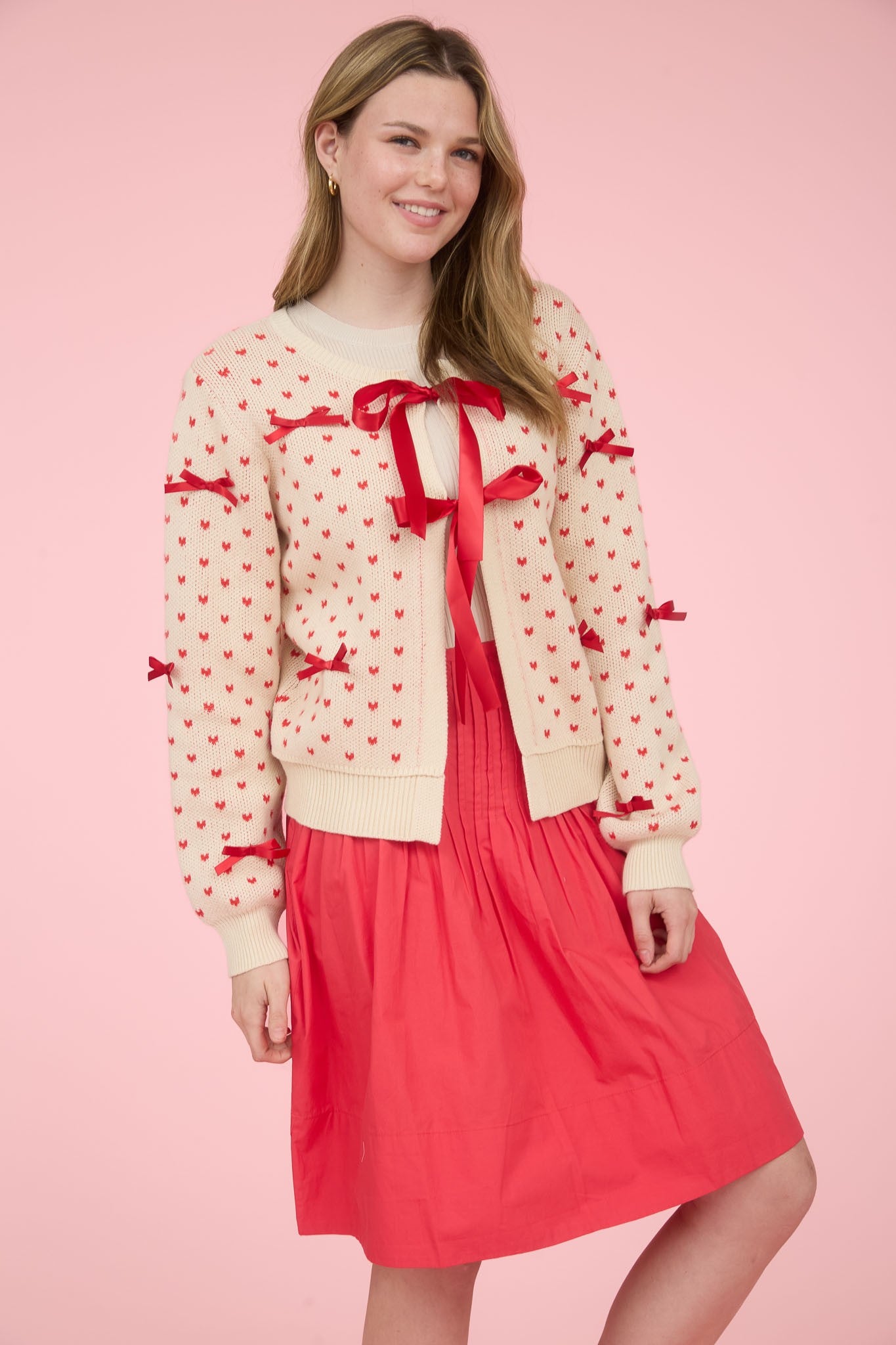 Heart Pattern Bow Detail Front Tie Knit Cardigan