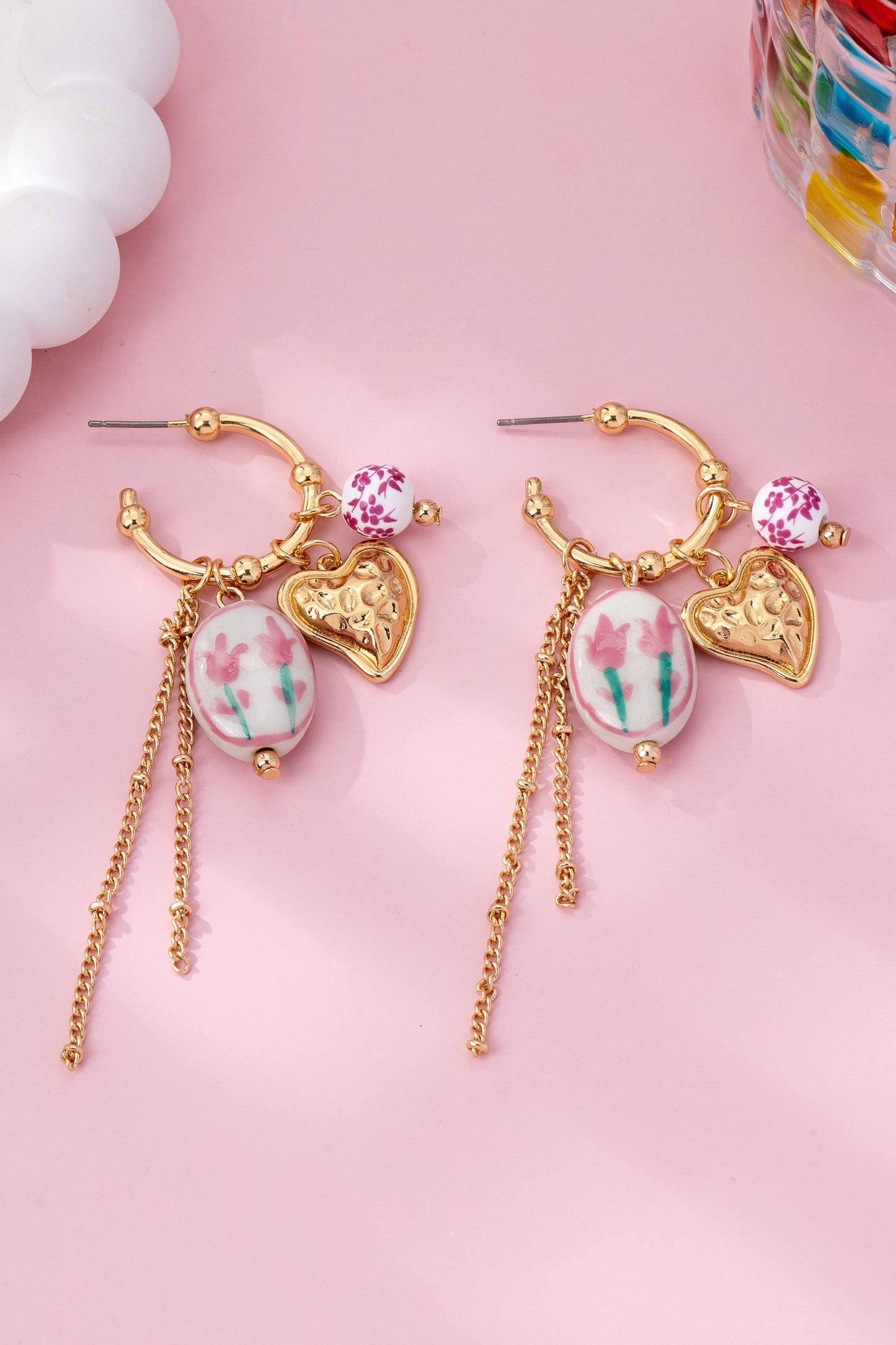Chinoiserie Floral Charm Hoop Earrings