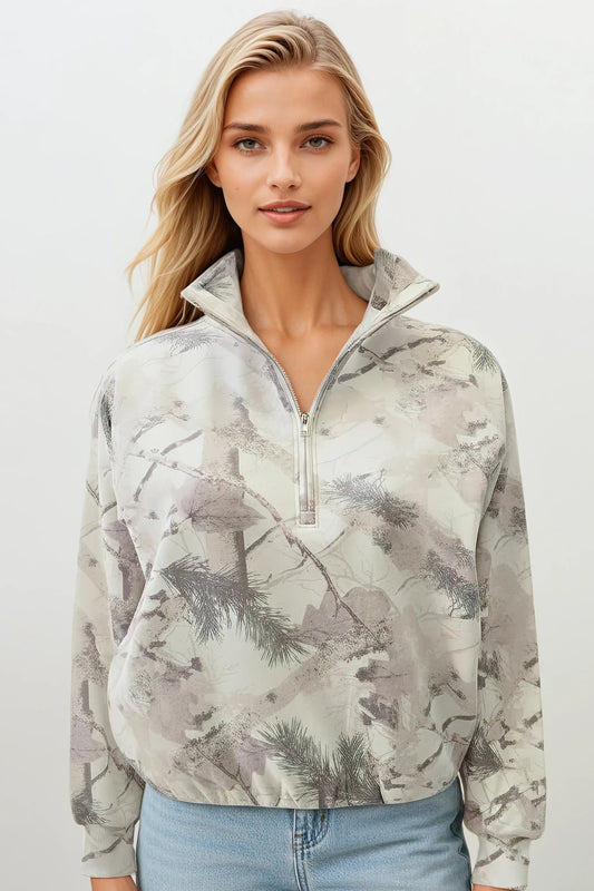 Fleece Camo Half Zip Up With Mock Neck Collar